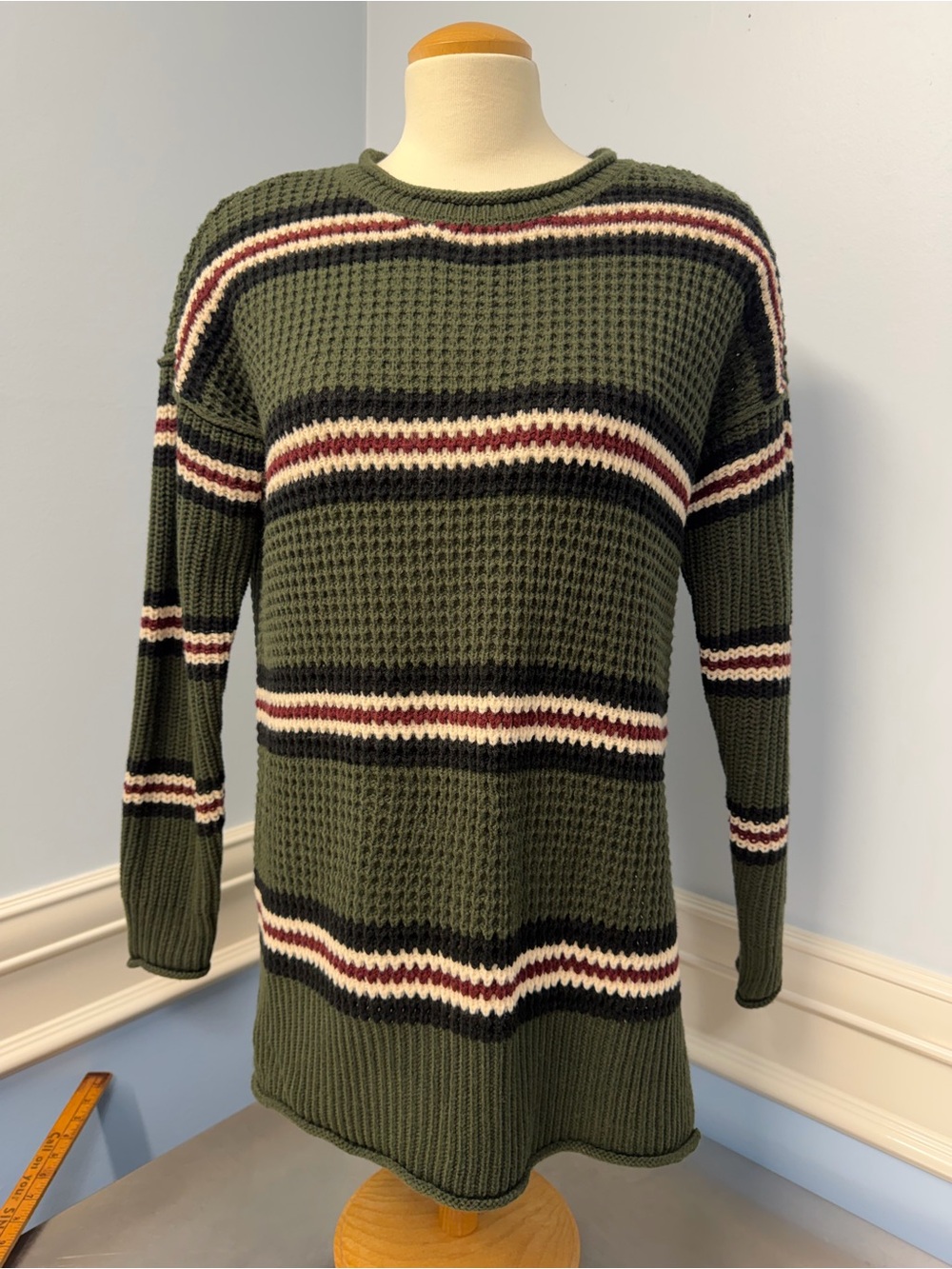 Pink rose Oversized Olive Green Striped Waffle Knit Sweater